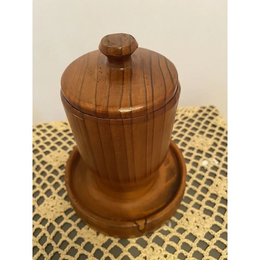 Antique Turned Maple Wood Lidded Cylindric Canister Lid Having Button Cap Finial